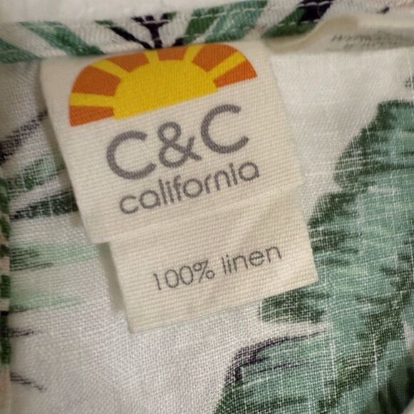 C‎ &C California Linen Dress Womens Small Green And White Leaf Pockets Swing - Picture 8 of 16